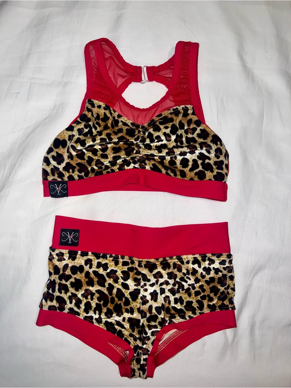 Leopard Print Dance Set with Red Trim - Kids Bra Top & Boyshorts
